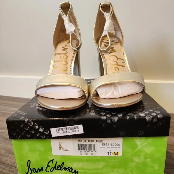 New in original box, Sam Edelman Yaro light gold leather block heels, size 10 - Picture 3 of 12